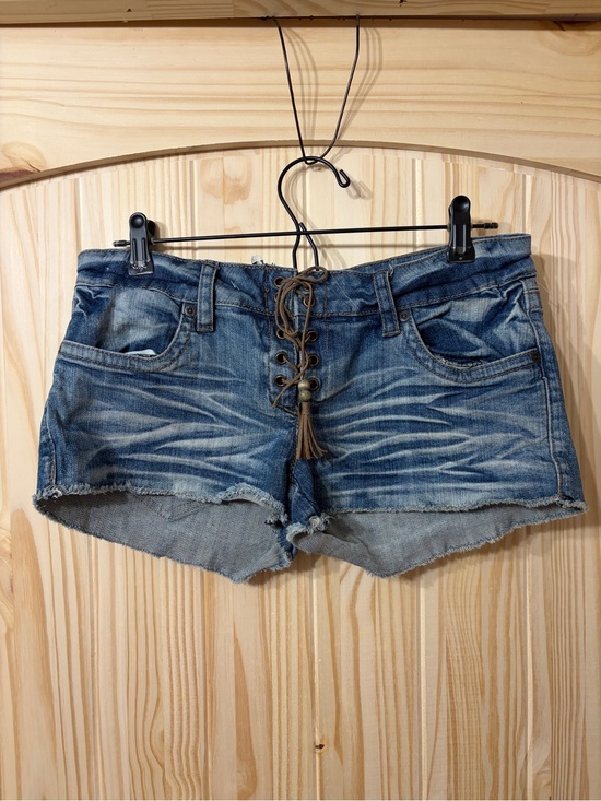 Pants - Vintage Y2K Dollhouse Lace-Up Denim Micro Shorts Whiskering Summer Festival BoHo